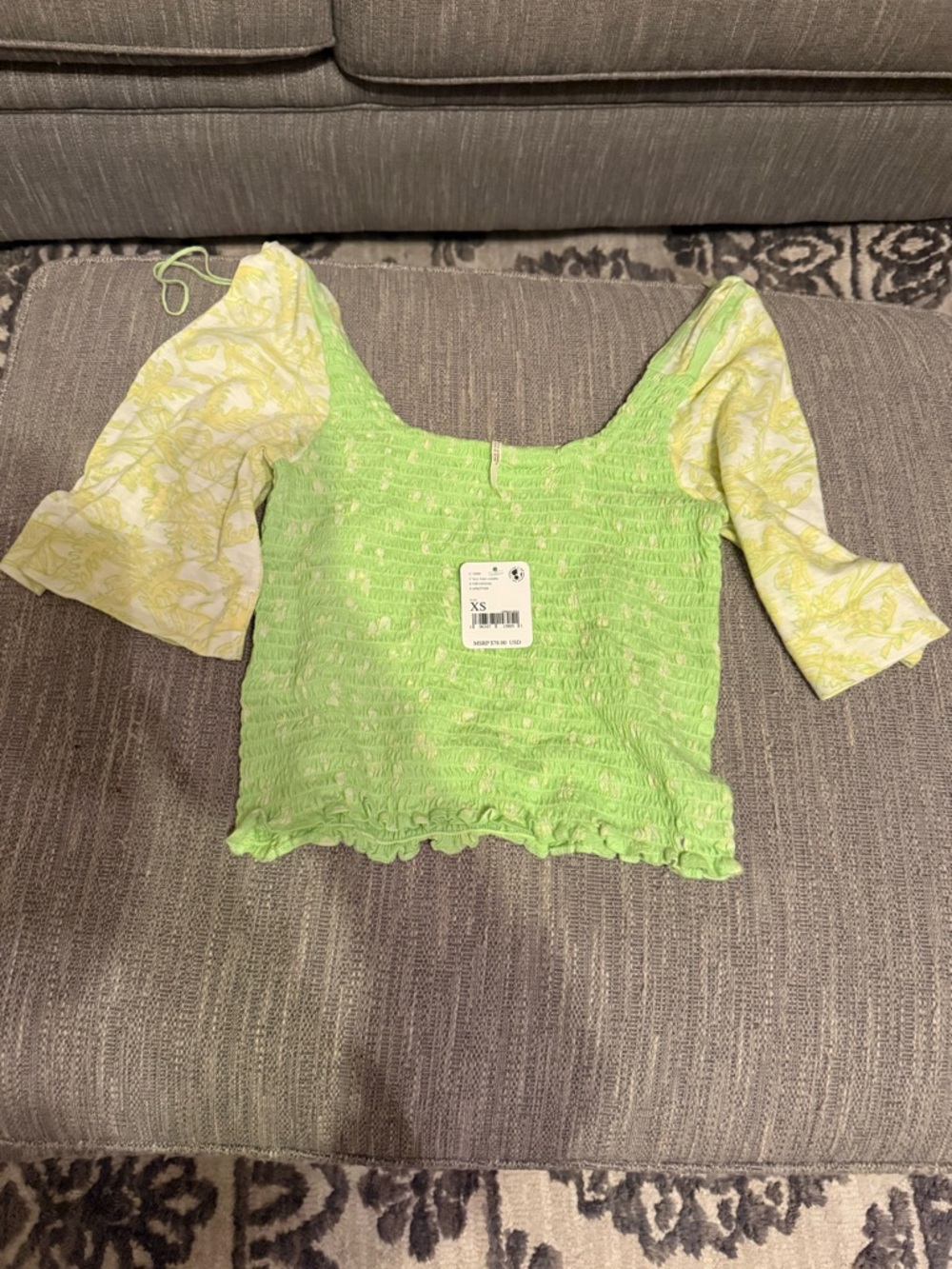 Green Smocked Square-Neck Top with Printed Puff Sleeves